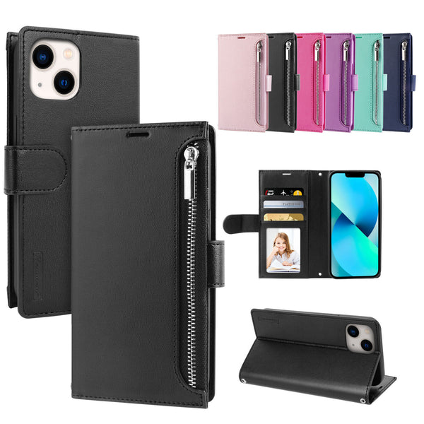 For Apple  iPhone 15 Pro Max Hanman Zipper Wallet Flip Card Holder Phone Case