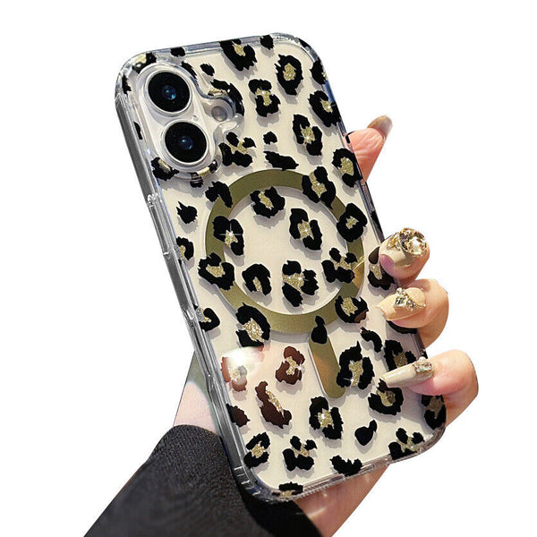 For Apple iPhone 16 Pro Max / iPhone 16 Pro / iPhone 16 plus / iPhone 16 Magnet Magsafe Glitter Leopard Hard Case Cover