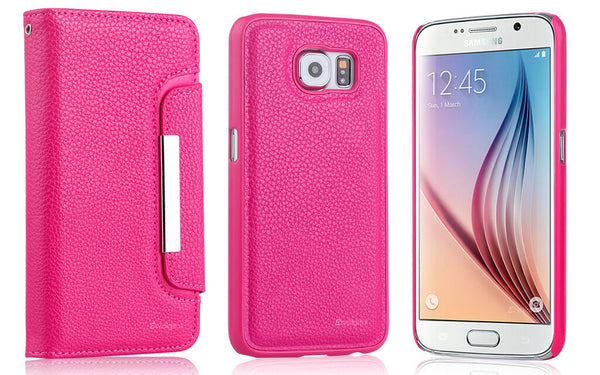 Hot Pink 2in1 Magnet Wallet Leather Tough Case Cover For Samsung Galaxy S6 Edge