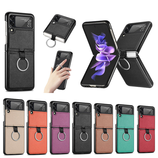 For Samsung Galaxy Z Flip 4 Shockproof Leather Ring Kickstand Case Hard Cover