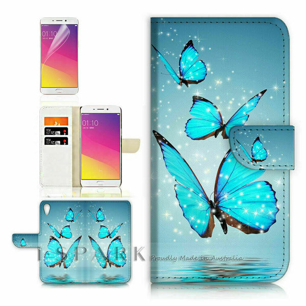 Blue Butterfly TPU Phone Wallet Case Cover For Oppo AX7 - 31086