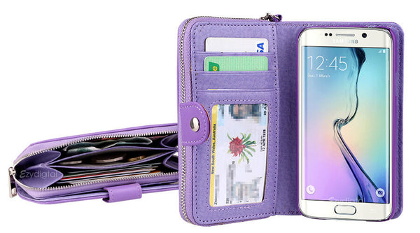 Purple All in One Zip Purse Wallet Leather Case Cover For Samsung Galaxy S6 edge