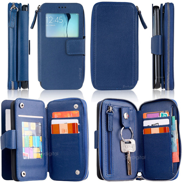 Blue EZY ZIP PLUS Purse Wallet Leather Case Cover For Samsung Galaxy S6 edge