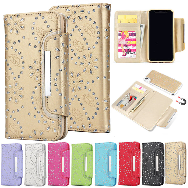 For Apple iphone XS MAX & XR New Magnet Diamond Flower Wallet Leather Case Cover