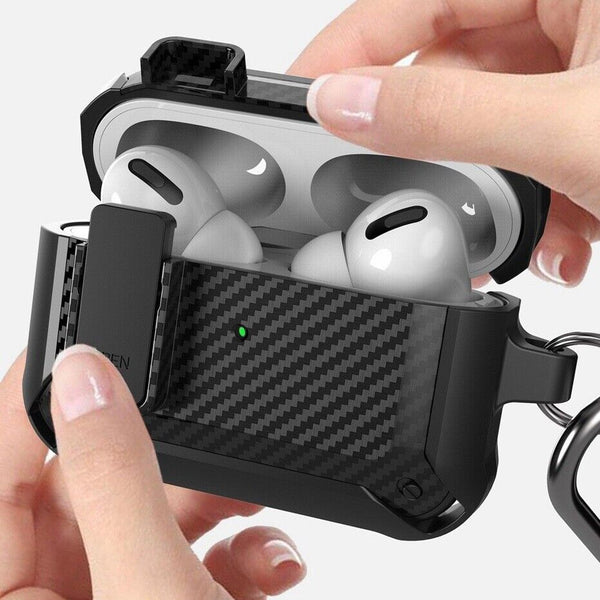 For Apple Airpods Pro /1/2/3 Anti-fall Carbon Case Heavy Duty TPU Cover + Hook