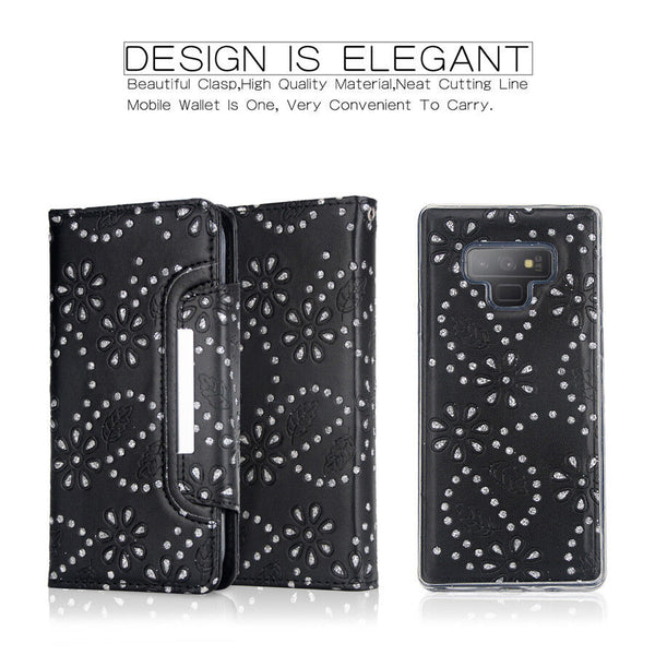 F Samsung Galaxy Note 9 Premium Magnet Diamond Flower Wallet Leather Case Cover