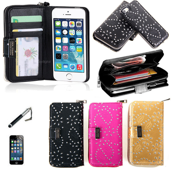 All in One Diamond Zip Purse Wallet Leather Case Cover For iPhone 6 6S Plus