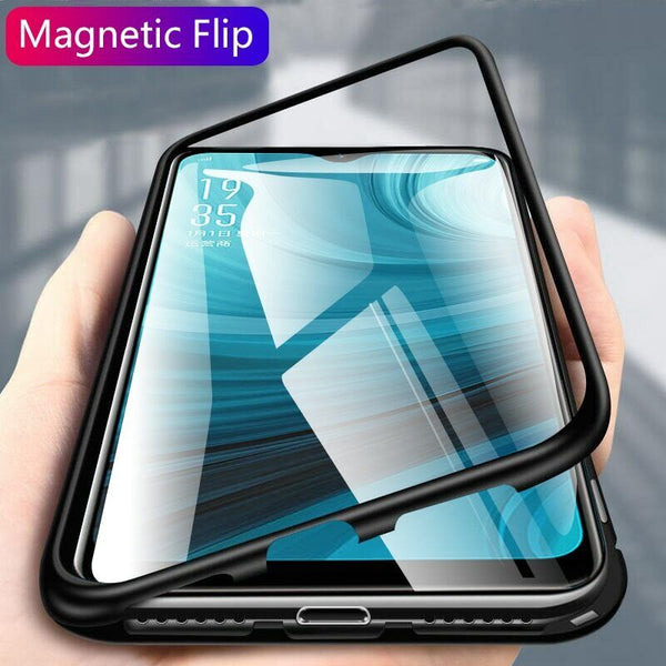 Oppo AX7 AX5 AX5s Magnet Aluminum Metal Bumper 2 Sides Tempered Glass Cover Case