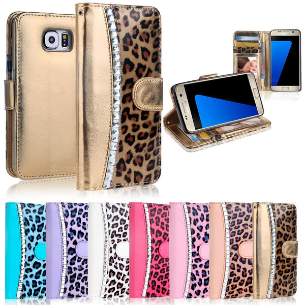 Diamond Leopard WALLET FLIP CASE COVER For Samsung Galaxy S7 & S7 Edge