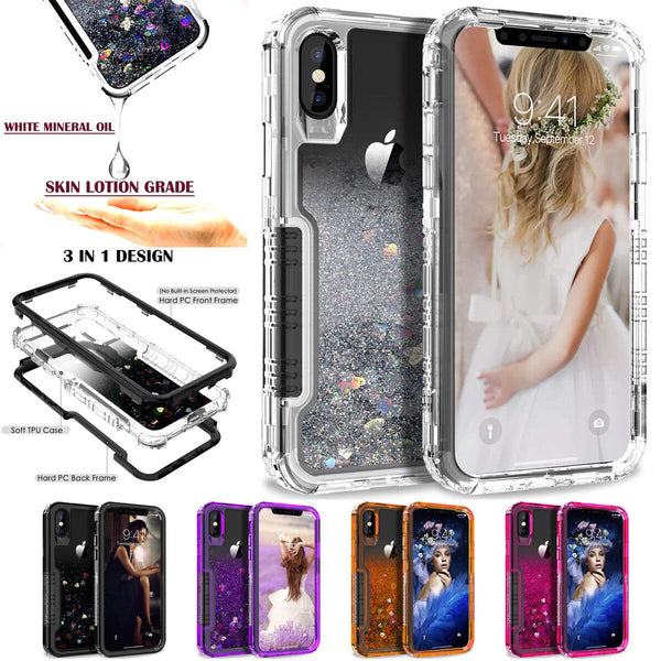 For iPhone X/ XS / XS Max /  8 Plus/ 7 Plus Moving Liquid Quicksand Cover Transparent Dual Layer Case