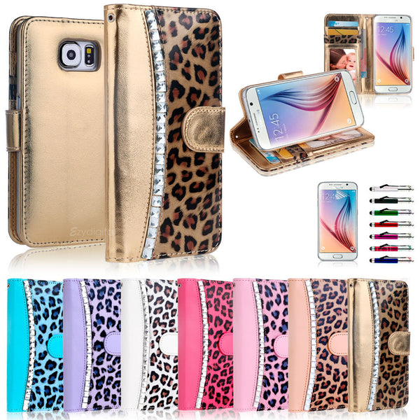 Diamond Leopard WALLET FLIP CASE COVER For Samsung Galaxy S6 S7 Edge & Note 5