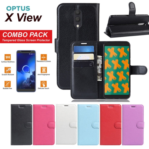 New Premium Leather Wallet PHONE Case TPU Cover For Optus X View + Tempered GSP