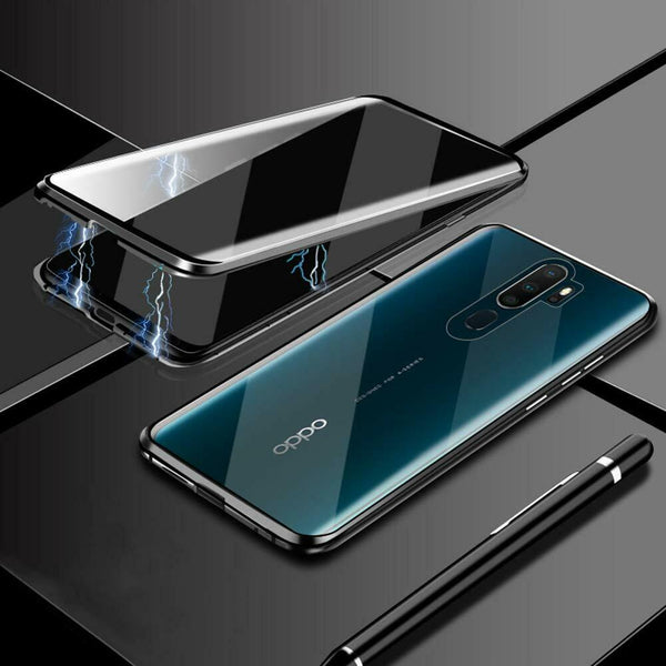 For Oppo A91 /A52/X3/A53 Magnet Aluminum Metal Bumper Tempered Glass Cover Case