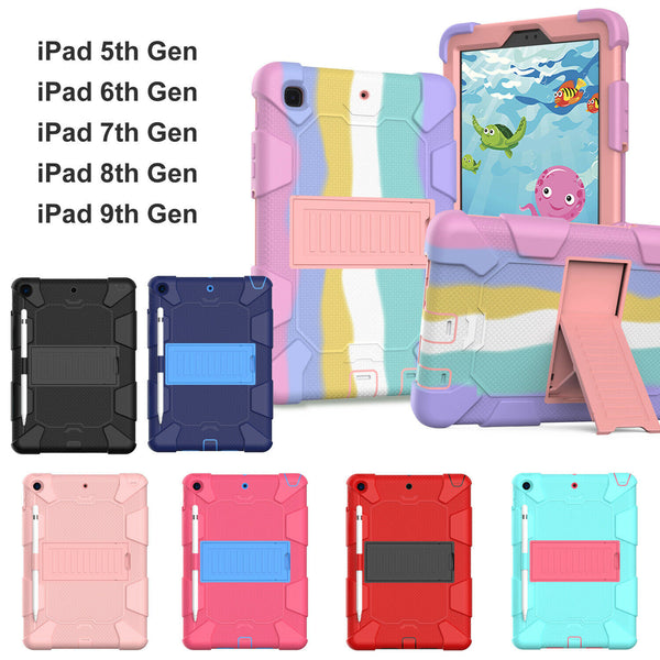 For Apple iPad 5/6/7/8/ 9 Heavy Duty Pencil Holder Kickstand Survivor Case Cover