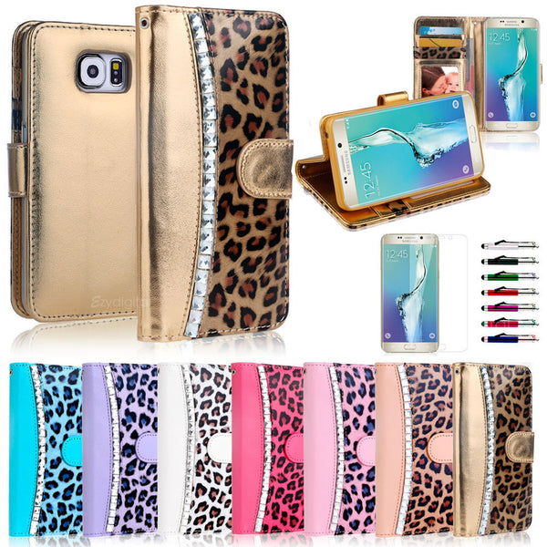 Diamond Leopard WALLET CARD CASE COVER For Samsung Galaxy S6 Edge Plus + Note 5