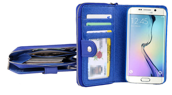 Blue All in One Zip Purse Wallet Leather Case Cover For Samsung Galaxy S6 edge