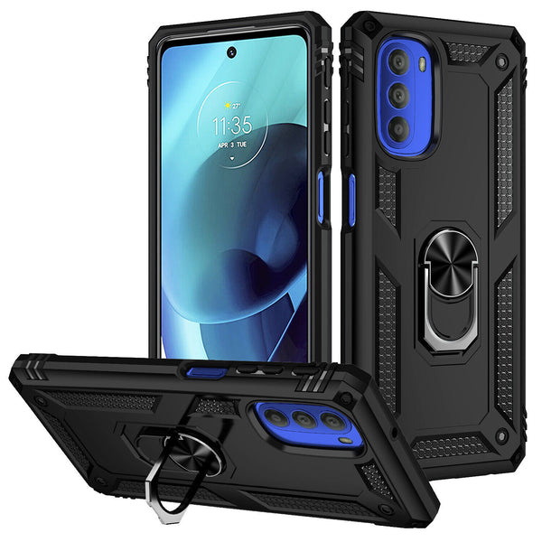 For Moto G82  Heavy Duty Shockproof Case Metal Ring Kickstand Cover